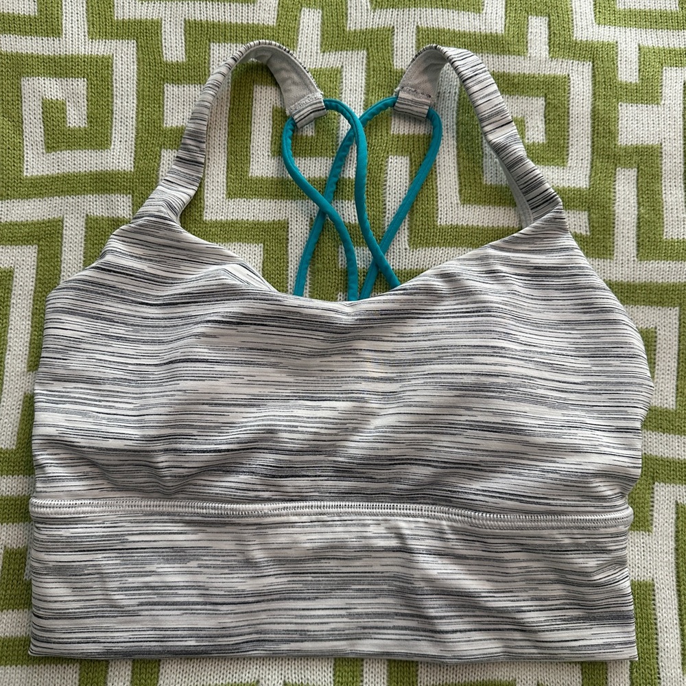 Lululemon Free to Be  Gray Striped Sports Bra with Blue Straps Size 4